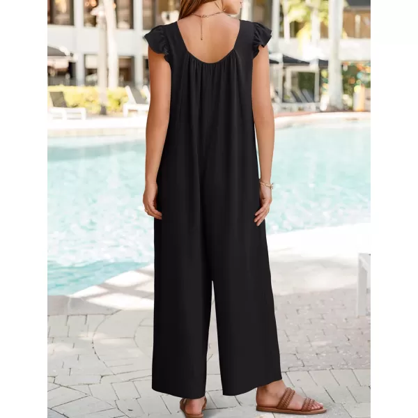 ZESICA Womens 2024 Summer Loose Jumpsuit Casual V Neck Sleeveless Oversized Wide Leg Pant Overalls Romper with PocketsBlack