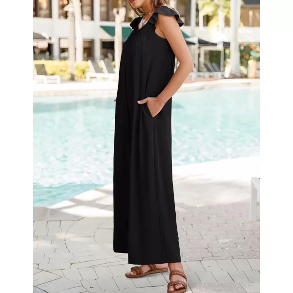 ZESICA Womens 2024 Summer Loose Jumpsuit Casual V Neck Sleeveless Oversized Wide Leg Pant Overalls Romper with PocketsBlack