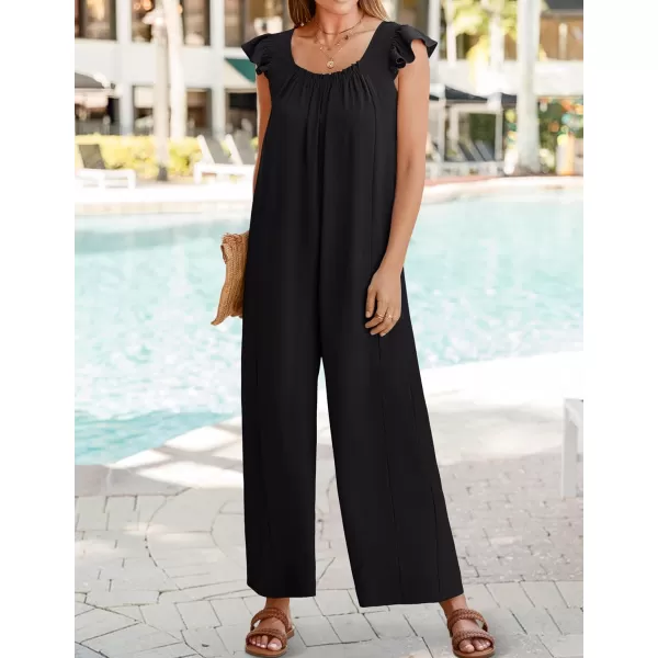 ZESICA Womens 2024 Summer Loose Jumpsuit Casual V Neck Sleeveless Oversized Wide Leg Pant Overalls Romper with PocketsBlack