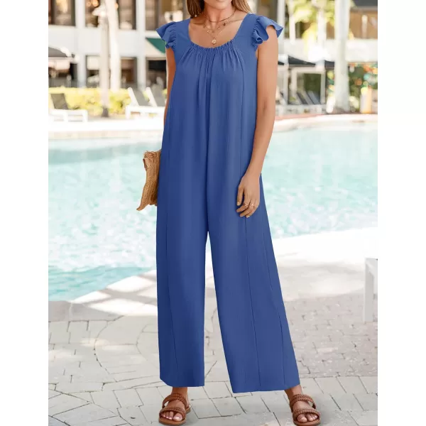 ZESICA Womens 2024 Summer Loose Jumpsuit Casual V Neck Sleeveless Oversized Wide Leg Pant Overalls Romper with PocketsBlue