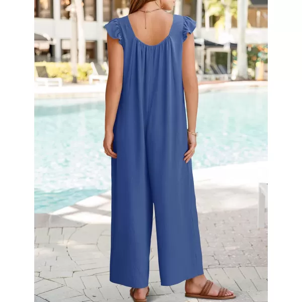 ZESICA Womens 2024 Summer Loose Jumpsuit Casual V Neck Sleeveless Oversized Wide Leg Pant Overalls Romper with PocketsBlue