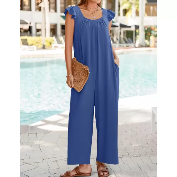 ZESICA Womens 2024 Summer Loose Jumpsuit Casual V Neck Sleeveless Oversized Wide Leg Pant Overalls Romper with PocketsBlue