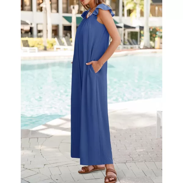 ZESICA Womens 2024 Summer Loose Jumpsuit Casual V Neck Sleeveless Oversized Wide Leg Pant Overalls Romper with PocketsBlue