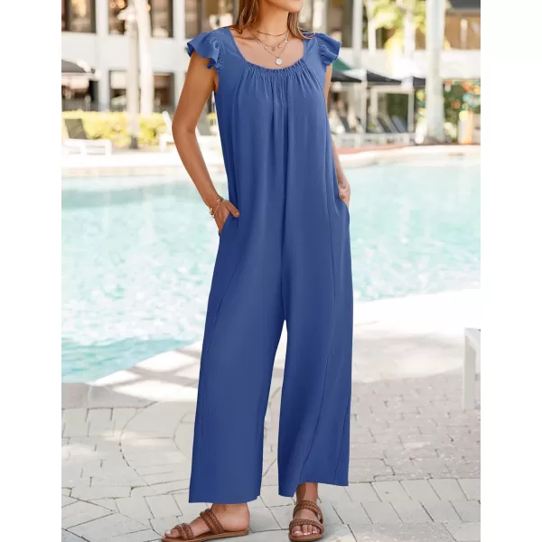 ZESICA Womens 2024 Summer Loose Jumpsuit Casual V Neck Sleeveless Oversized Wide Leg Pant Overalls Romper with PocketsBlue
