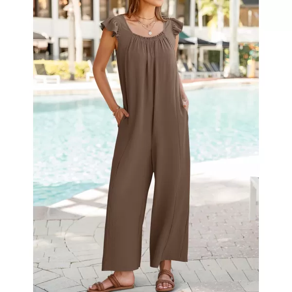 ZESICA Womens 2024 Summer Loose Jumpsuit Casual V Neck Sleeveless Oversized Wide Leg Pant Overalls Romper with PocketsCoffee