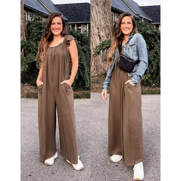 ZESICA Womens 2024 Summer Loose Jumpsuit Casual V Neck Sleeveless Oversized Wide Leg Pant Overalls Romper with PocketsCoffee