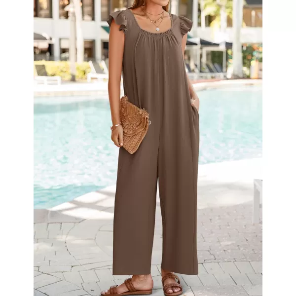 ZESICA Womens 2024 Summer Loose Jumpsuit Casual V Neck Sleeveless Oversized Wide Leg Pant Overalls Romper with PocketsCoffee