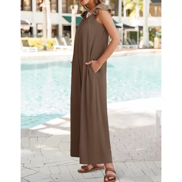 ZESICA Womens 2024 Summer Loose Jumpsuit Casual V Neck Sleeveless Oversized Wide Leg Pant Overalls Romper with PocketsCoffee