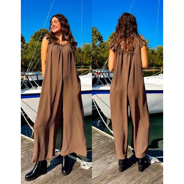 ZESICA Womens 2024 Summer Loose Jumpsuit Casual V Neck Sleeveless Oversized Wide Leg Pant Overalls Romper with PocketsCoffee