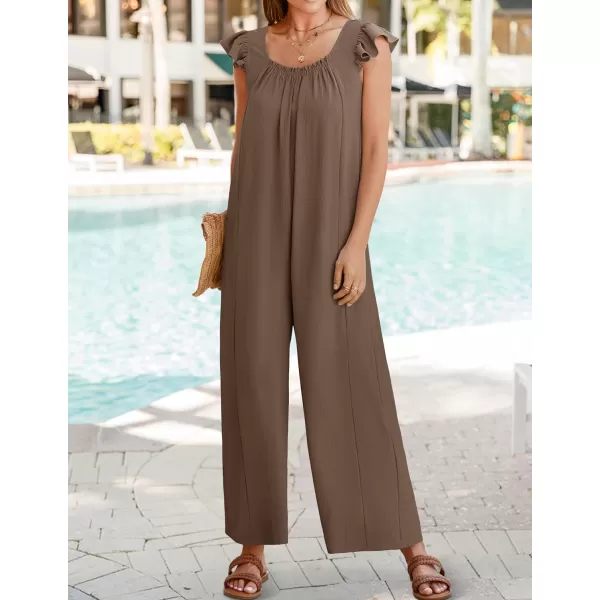 ZESICA Womens 2024 Summer Loose Jumpsuit Casual V Neck Sleeveless Oversized Wide Leg Pant Overalls Romper with PocketsCoffee