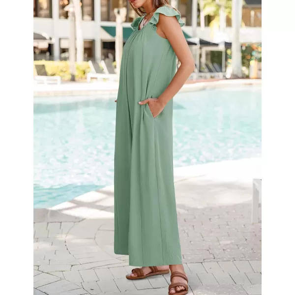 ZESICA Womens 2024 Summer Loose Jumpsuit Casual V Neck Sleeveless Oversized Wide Leg Pant Overalls Romper with PocketsGreen
