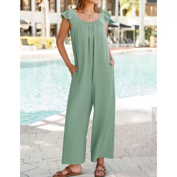 ZESICA Womens 2024 Summer Loose Jumpsuit Casual V Neck Sleeveless Oversized Wide Leg Pant Overalls Romper with PocketsGreen