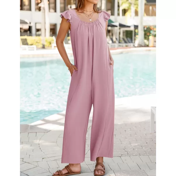 ZESICA Womens 2024 Summer Loose Jumpsuit Casual V Neck Sleeveless Oversized Wide Leg Pant Overalls Romper with PocketsPink