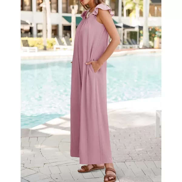 ZESICA Womens 2024 Summer Loose Jumpsuit Casual V Neck Sleeveless Oversized Wide Leg Pant Overalls Romper with PocketsPink