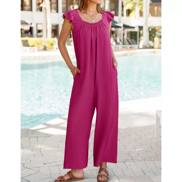 ZESICA Womens 2024 Summer Loose Jumpsuit Casual V Neck Sleeveless Oversized Wide Leg Pant Overalls Romper with PocketsRose Red