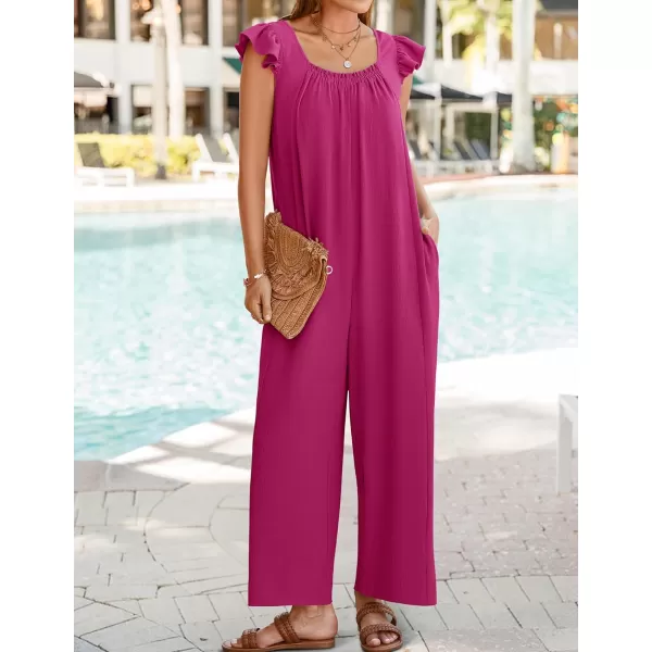 ZESICA Womens 2024 Summer Loose Jumpsuit Casual V Neck Sleeveless Oversized Wide Leg Pant Overalls Romper with PocketsRose Red