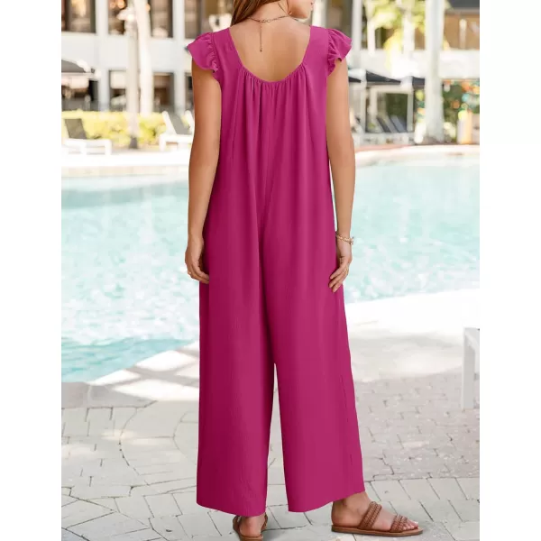 ZESICA Womens 2024 Summer Loose Jumpsuit Casual V Neck Sleeveless Oversized Wide Leg Pant Overalls Romper with PocketsRose Red