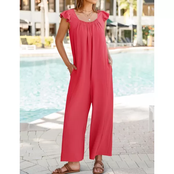 ZESICA Womens 2024 Summer Loose Jumpsuit Casual V Neck Sleeveless Oversized Wide Leg Pant Overalls Romper with PocketsWatermelon Red