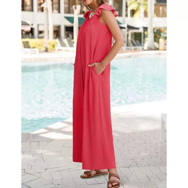 ZESICA Womens 2024 Summer Loose Jumpsuit Casual V Neck Sleeveless Oversized Wide Leg Pant Overalls Romper with PocketsWatermelon Red
