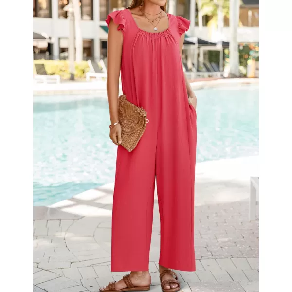 ZESICA Womens 2024 Summer Loose Jumpsuit Casual V Neck Sleeveless Oversized Wide Leg Pant Overalls Romper with PocketsWatermelon Red