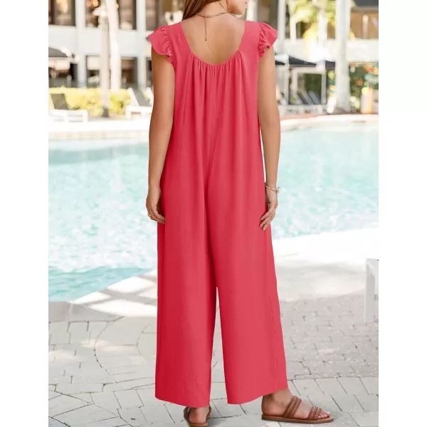 ZESICA Womens 2024 Summer Loose Jumpsuit Casual V Neck Sleeveless Oversized Wide Leg Pant Overalls Romper with PocketsWatermelon Red