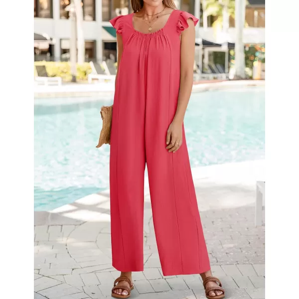 ZESICA Womens 2024 Summer Loose Jumpsuit Casual V Neck Sleeveless Oversized Wide Leg Pant Overalls Romper with PocketsWatermelon Red