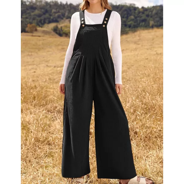 ZESICA Womens Casual Overalls Jumpsuits Loose Corduroy Bib Adjustable Straps Wide Leg Long Pant Romper with PocketsBlack