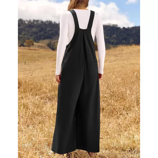 ZESICA Womens Casual Overalls Jumpsuits Loose Corduroy Bib Adjustable Straps Wide Leg Long Pant Romper with PocketsBlack