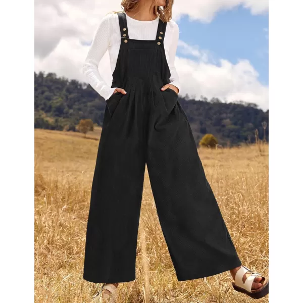 ZESICA Womens Casual Overalls Jumpsuits Loose Corduroy Bib Adjustable Straps Wide Leg Long Pant Romper with PocketsBlack