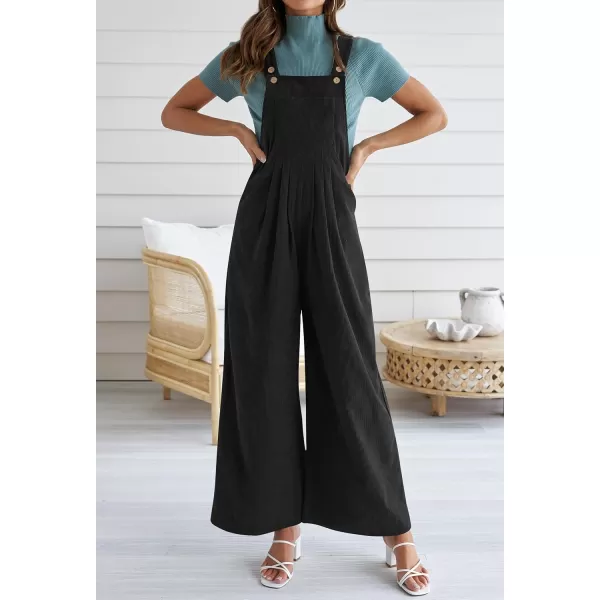 ZESICA Womens Casual Overalls Jumpsuits Loose Corduroy Bib Adjustable Straps Wide Leg Long Pant Romper with PocketsBlack