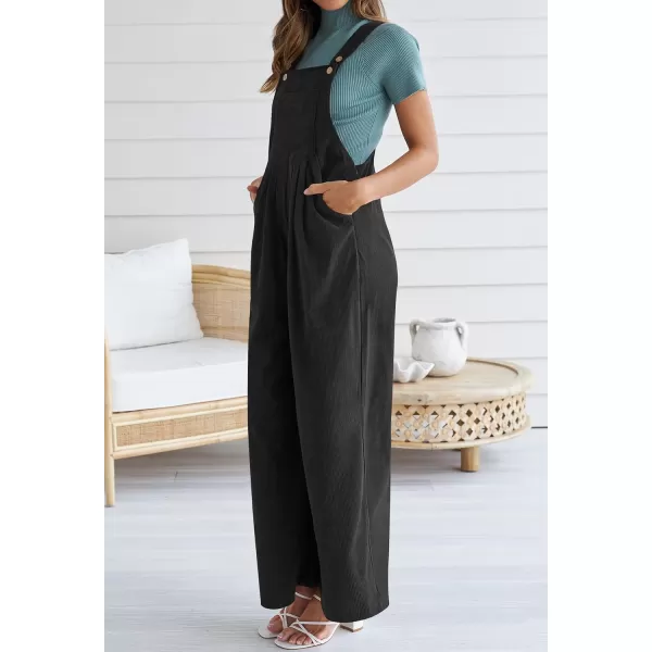 ZESICA Womens Casual Overalls Jumpsuits Loose Corduroy Bib Adjustable Straps Wide Leg Long Pant Romper with PocketsBlack