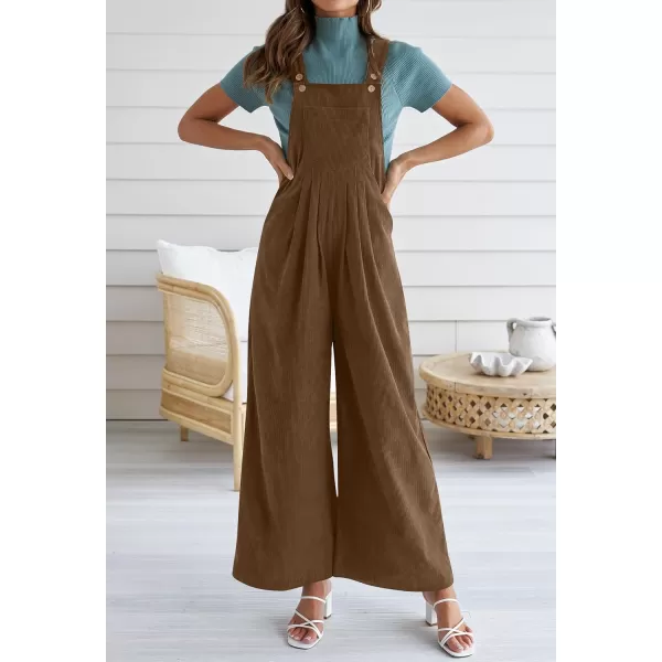 ZESICA Womens Casual Overalls Jumpsuits Loose Corduroy Bib Adjustable Straps Wide Leg Long Pant Romper with PocketsBrown