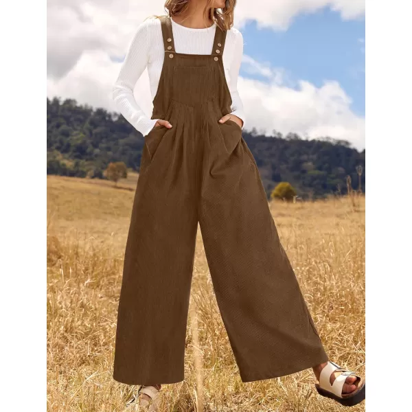 ZESICA Womens Casual Overalls Jumpsuits Loose Corduroy Bib Adjustable Straps Wide Leg Long Pant Romper with PocketsBrown