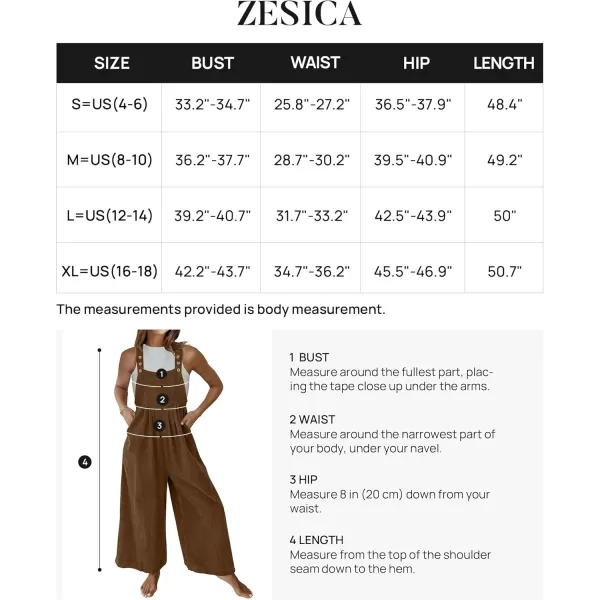 ZESICA Womens Casual Overalls Jumpsuits Loose Corduroy Bib Adjustable Straps Wide Leg Long Pant Romper with PocketsBrown