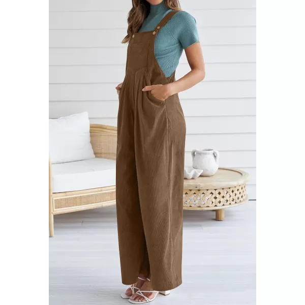ZESICA Womens Casual Overalls Jumpsuits Loose Corduroy Bib Adjustable Straps Wide Leg Long Pant Romper with PocketsBrown