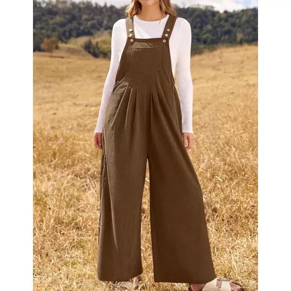 ZESICA Womens Casual Overalls Jumpsuits Loose Corduroy Bib Adjustable Straps Wide Leg Long Pant Romper with PocketsBrown