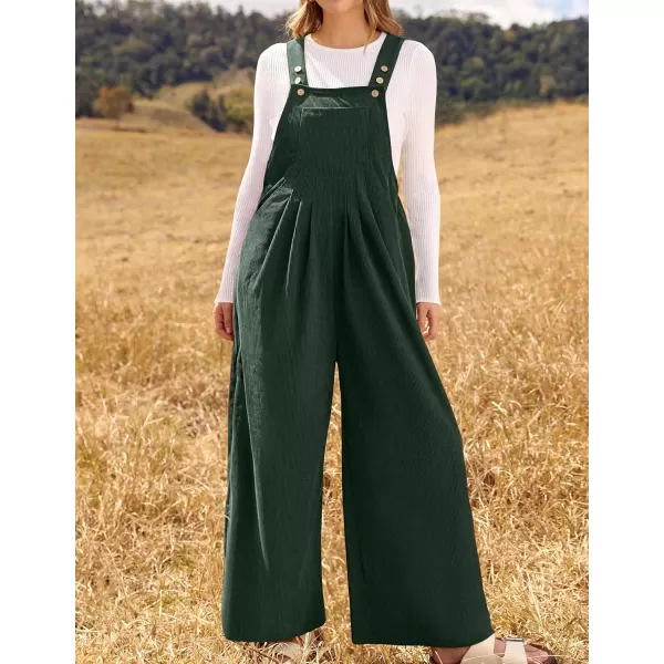 ZESICA Womens Casual Overalls Jumpsuits Loose Corduroy Bib Adjustable Straps Wide Leg Long Pant Romper with PocketsDarkgreen