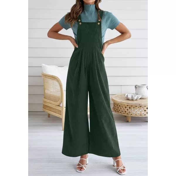 ZESICA Womens Casual Overalls Jumpsuits Loose Corduroy Bib Adjustable Straps Wide Leg Long Pant Romper with PocketsDarkgreen