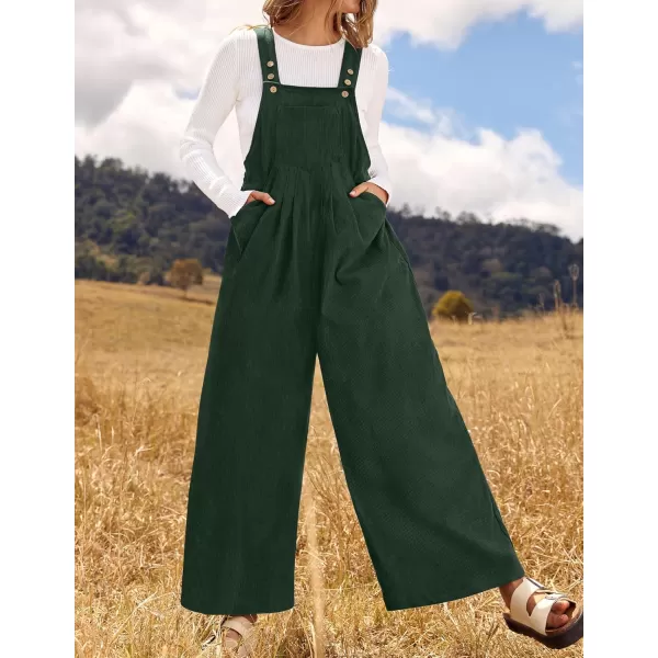 ZESICA Womens Casual Overalls Jumpsuits Loose Corduroy Bib Adjustable Straps Wide Leg Long Pant Romper with PocketsDarkgreen