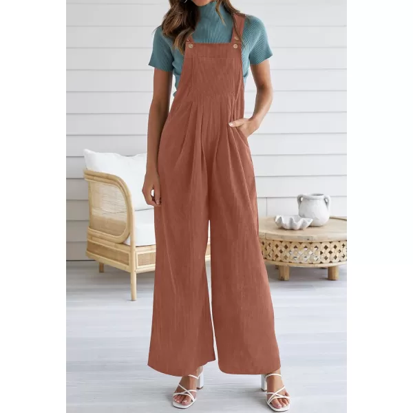 ZESICA Womens Casual Overalls Jumpsuits Loose Corduroy Bib Adjustable Straps Wide Leg Long Pant Romper with PocketsRust