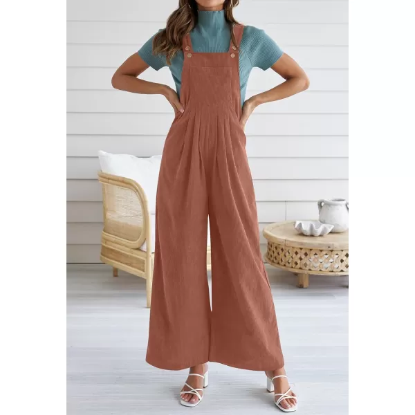 ZESICA Womens Casual Overalls Jumpsuits Loose Corduroy Bib Adjustable Straps Wide Leg Long Pant Romper with PocketsRust