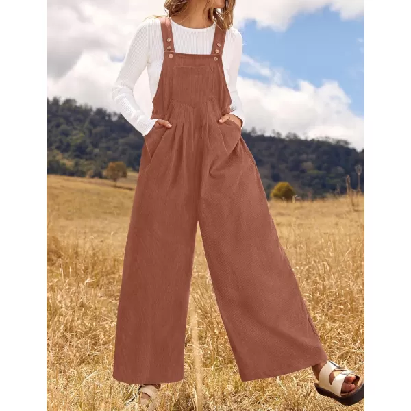 ZESICA Womens Casual Overalls Jumpsuits Loose Corduroy Bib Adjustable Straps Wide Leg Long Pant Romper with PocketsRust