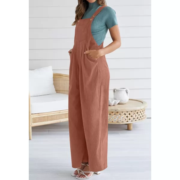 ZESICA Womens Casual Overalls Jumpsuits Loose Corduroy Bib Adjustable Straps Wide Leg Long Pant Romper with PocketsRust