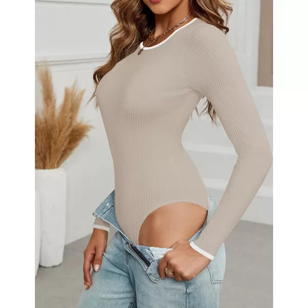 ZESICA Womens Long Sleeve Ribbed Bodysuits 2024 Fall Crewneck Knit Basic Body Suit TopsAlmond