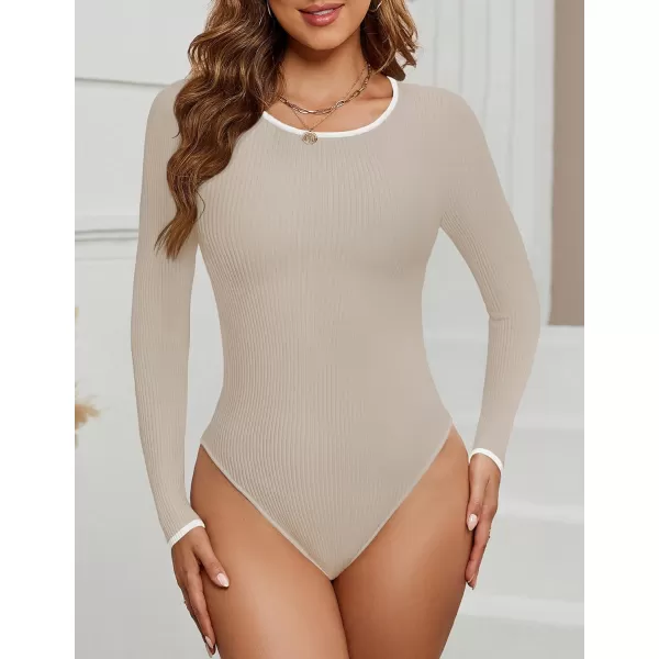 ZESICA Womens Long Sleeve Ribbed Bodysuits 2024 Fall Crewneck Knit Basic Body Suit TopsAlmond