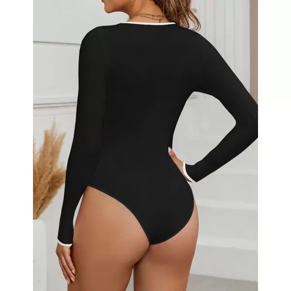 ZESICA Womens Long Sleeve Ribbed Bodysuits 2024 Fall Crewneck Knit Basic Body Suit TopsBlack
