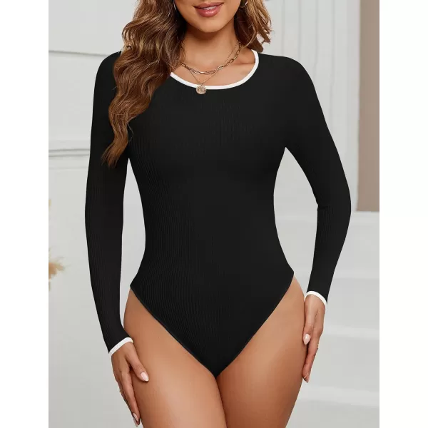 ZESICA Womens Long Sleeve Ribbed Bodysuits 2024 Fall Crewneck Knit Basic Body Suit TopsBlack