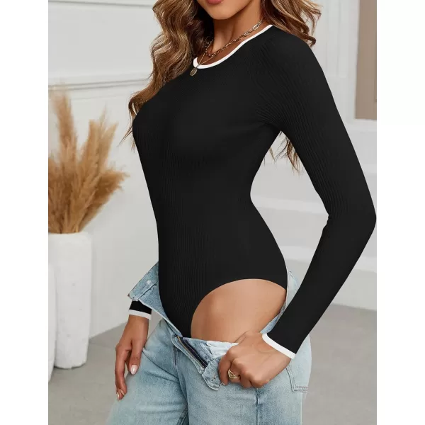 ZESICA Womens Long Sleeve Ribbed Bodysuits 2024 Fall Crewneck Knit Basic Body Suit TopsBlack