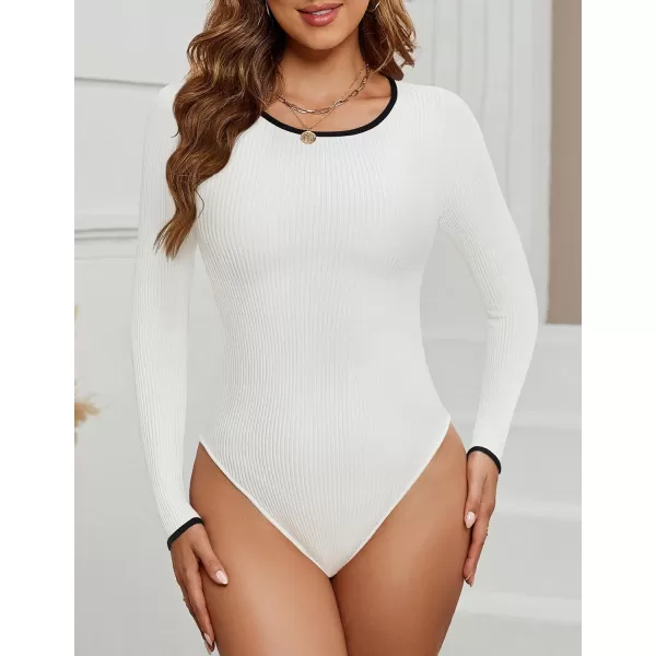 ZESICA Womens Long Sleeve Ribbed Bodysuits 2024 Fall Crewneck Knit Basic Body Suit TopsWhite