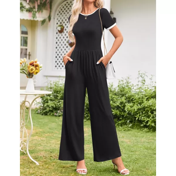 ZESICA Womens Short Sleeve Jumpsuits Dressy Summer Casual Fashion Outfits One Piece Wide Leg RompersBlack